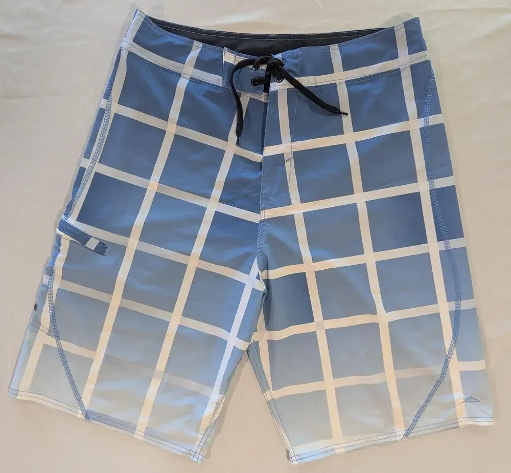 TRU CAL Shorts Mens 34 Blue Plaid Board Swim Trunks Drawstring Stretch Pocket